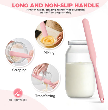 Silicone Jar Spatula Set of 3, Long Handle Skinny Spatula and Spurtle for Sourdough Starter, Flexible Jar Scraper for Peanut Butter, Jam, Icing, Cream with No Batter Left Behind (3)