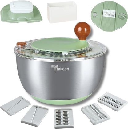 Stainless Steel Salad Spinner Large, BPA-Free Lettuce Spinner, 3-in-1 Salad Bowl & Fruit Cleaner with Non-Slip Base, Dishwasher Safe, 5 Blade Slicer & Egg Yolk Separator, 5.3Qt