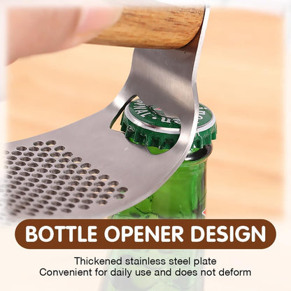 Stainless Steel Garlic Presser & Bottle Opener, Wooden Handle Garlic Press Rocker, Garlic Mincer Tool Garlic Chopper Hand Garlic Grinder, Hand Press Garlic Dicer Garlic Crusher (1 Pack)