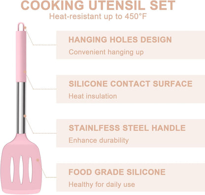 E-far Silicone Cooking Utensils Set, 7 Pcs Heat Resistant Kitchen Utensils with Stainless Steel Handle, Slotted Turner, Spoon, Soup Ladle, Pasta Server, Skimmer, Tongs for Nonstick Cookware, Black