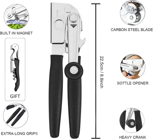 Can Opener Manual Heavy Commercial Can Opener Duty Easy for Big Cans with Magnet Folding Hand Crank With Comfortable Long Handles