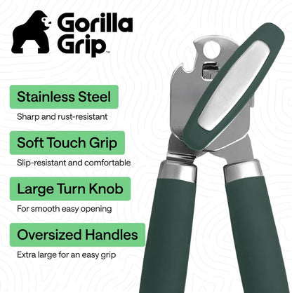 GORILLA GRIP Heavy Duty Stainless Steel Smooth Edge Manual Can Opener and Bottle Openers, US Designed, Soft Comfortable Handle, Oversized Handheld Turn Knob, Multifunctional Kitchen Tool, Black