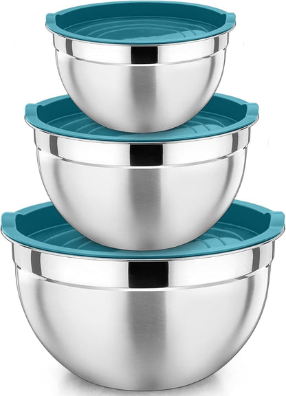 P&P CHEF Khaki Mixing Bowls with Lids, Set of 3, Stainless Steel Salad Nesting Bowl for Mixing, Storing, Prepping, Airtight & Stackable, Size 4.6/3 /1.5 QT