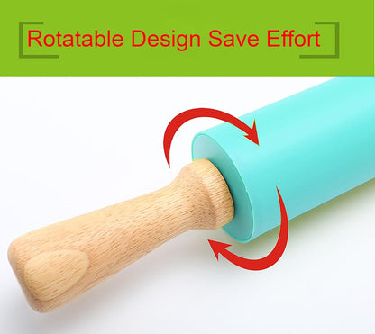 Silicone Rolling Pin, Green 9 Inch Pin with Wooden Rotatable Handle for Dough of Baking Bread, Cookie, Pizza (green, 9 inch)