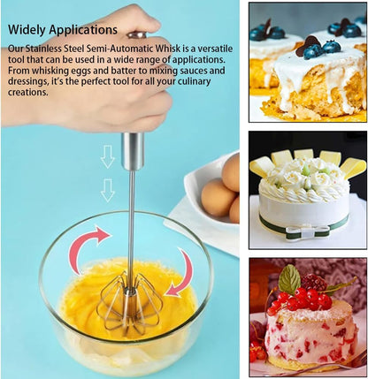 Stainless Steel Semi-Automatic Egg Whisk Set, 2PCS Hand Push Rotary Manual Mixer for Cooking, Whisking, Beating and Stirring (10&12 Inch)