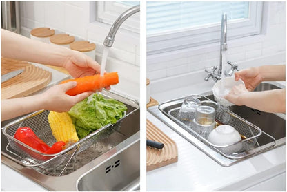 HEITIGN Over the Sink Colander Stainless Steel Expandable Strainer Basket Colander with Fine Mesh for Kitchen Sink Strain Drain Rinse Fruits Vegetables (A)