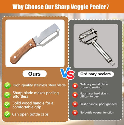 3PCS MultiFunctional Vegetable Peeler, 2 in 1 Stainless Steel Vegetable Peeler with Wooden Handle and Bottle Opener, Sharp Veggie Peeler, Peelers for Kitchen, Fruit Apple Potato Pumpkin Papaya