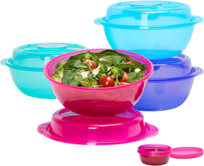 Bentgo Easyboxes Salad-to-Go Containers - 8-Piece Set: 4 Bowls, Leak-Proof Dressing Cups Built-In & 4 Fitted Lids Seal in Freshness; Reusable/BPA-Free for Salad, Pasta, & Cereal (Classic)
