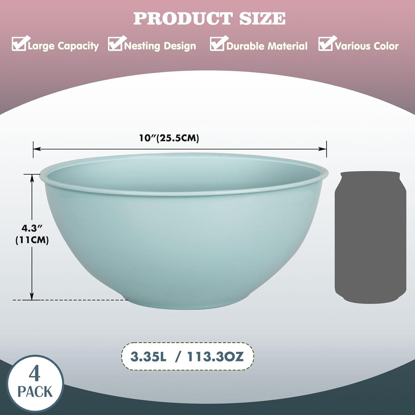 Greentainer 4-Piece Plastic Mixing Bowl Set with Lids for Kitchen, 67oz Lightweight Storage Bowls, Large Salad Bowls for Baking, Prepping, Cooking and Serving Food, Dishwasher & Microwave Safe