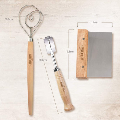 Danish Dough Whisk Set – Wooden Scraper & Lame Scoring Tool | Sourdough Whisk & Mixing Tool Kit | Bread Utensils for Homemade Bread, Pizza, Pastry | Stainless Steel & Wood