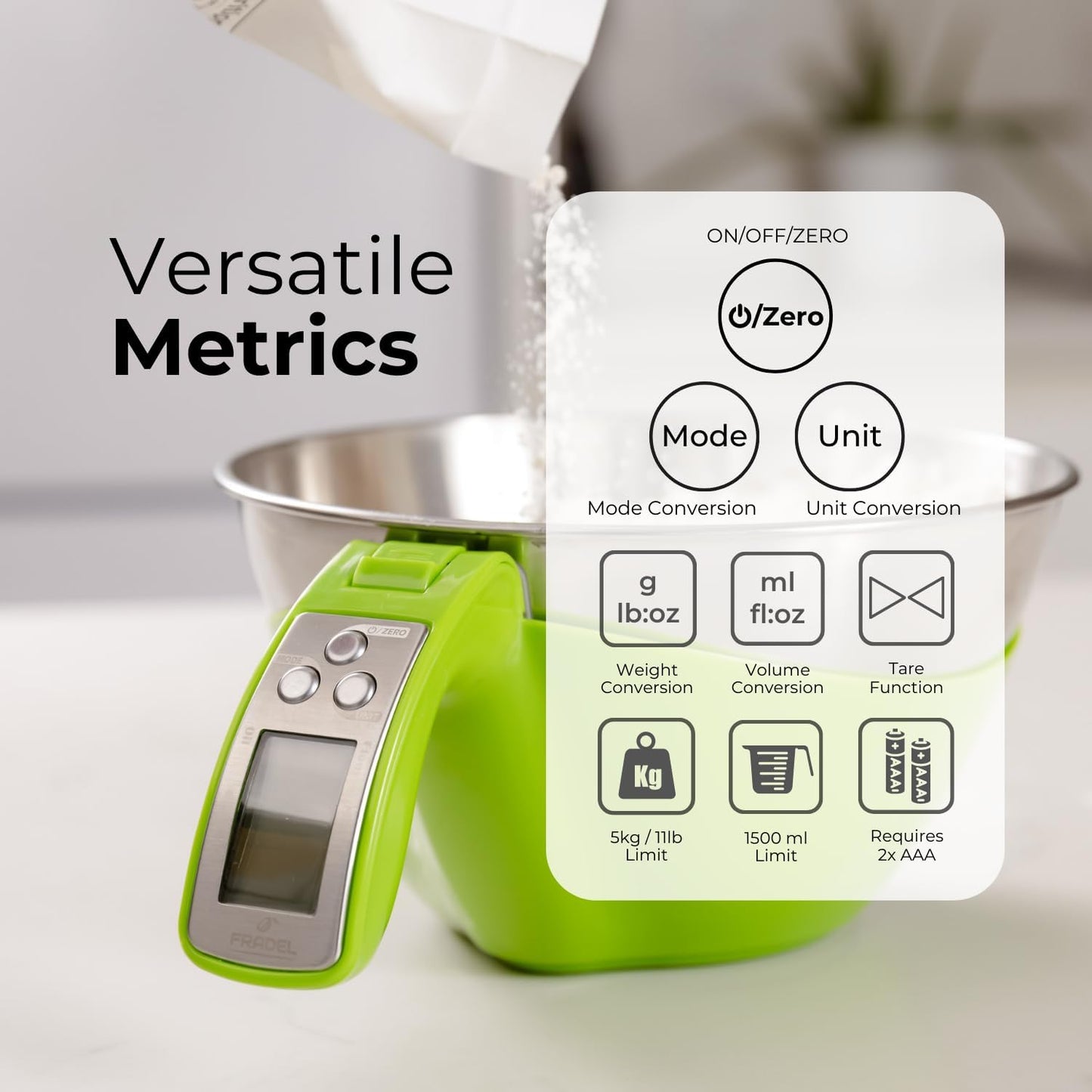 Fradel Digital Kitchen Food Scale with Bowl - 11lb, Grams & Ounces - Removable, Dishwasher-Safe Mixing Bowl - Black