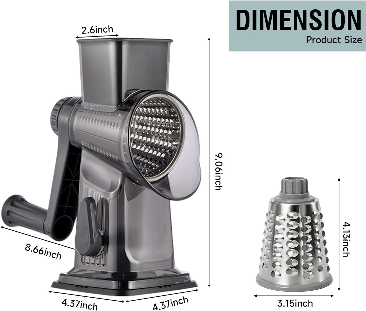 Rotary Cheese Grater, 3-in-1 Manual Vegetable Slicer with Handle, Safer Kitchen Mandoline Shredder with Suction Base for Cheese, Nuts, Potatoes & Salads – Easy to Clean (Smoke Grey)