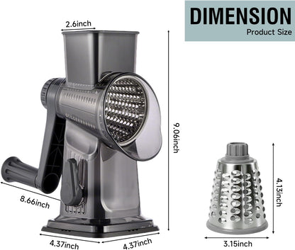 Rotary Cheese Grater, 3-in-1 Manual Vegetable Slicer with Handle, Safer Kitchen Mandoline Shredder with Suction Base for Cheese, Nuts, Potatoes & Salads – Easy to Clean (Smoke Grey)