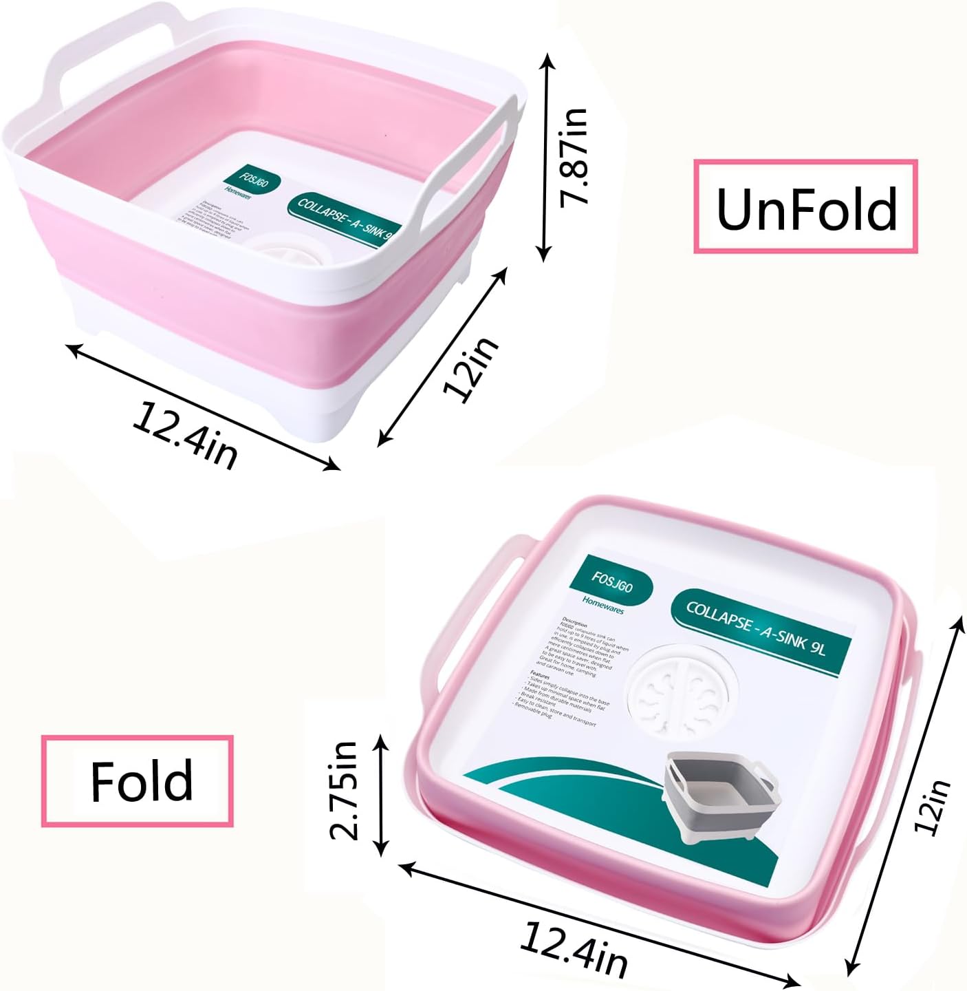 FOSJGO Collapsible Dish Basin with Drain Plug, 2.4 Gal (9L) Space-Saving Foldable Sink, Wash Basin for Kitchen, Baby Bottles, Vegetable Washing, Camping, RV and Party Beverage Tubs