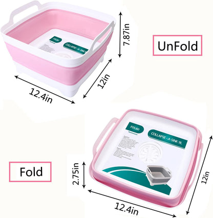 FOSJGO Collapsible Dish Basin with Drain Plug, 2.4 Gal (9L) Space-Saving Foldable Sink, Wash Basin for Kitchen, Baby Bottles, Vegetable Washing, Camping, RV and Party Beverage Tubs