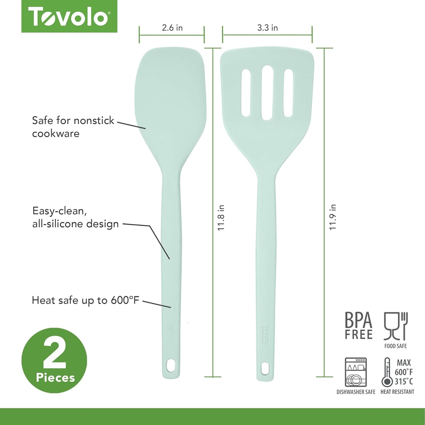 Tovolo Elements Silicone Spatula Turner Set Kitchen Utensils Heat Resistant 600F Easy Clean Dishwasher Safe Nonstick Spatula Turner Bundle Cookware for Cooking Baking Mixing Tools, Thyme Green