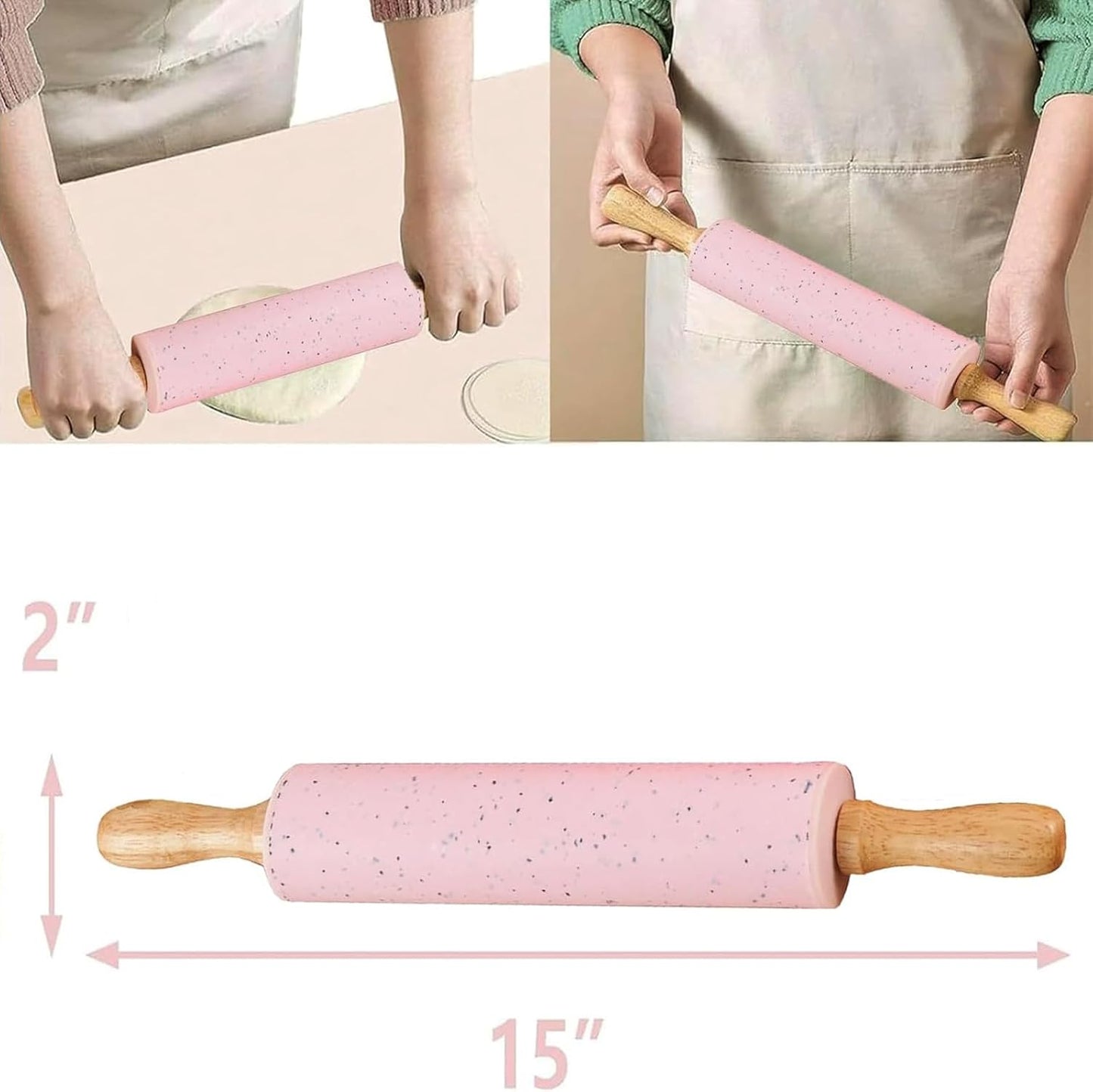 Silicone Rolling Pin for Baking,15Inch Pastry Dough Roller with Wooden Handle,Non Stick Surface Rolling Pin for Dough Cookie Pastry Tapered Dumpling Baking Supplies Kitchen Accessories