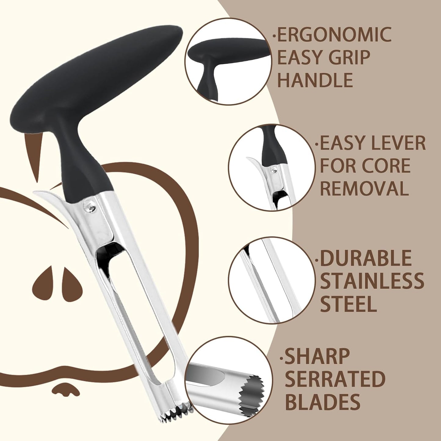 Premium Apple Corer Tool - Easy to Use & Clean, Ultra Sharp, Sturdy Ergonomic Handle - Durable Corer Remover for Baking & More (Gray)