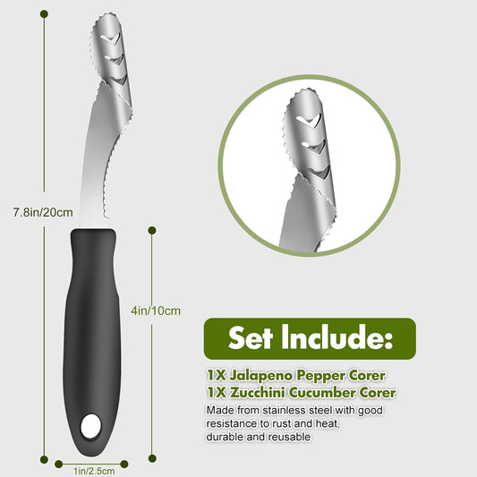 Rainspire 2-in-1 Jalapeno Corer, Stainless Steel Pepper Seed Remover with Serrated Edges, Comfortable Rubber Handle - Black