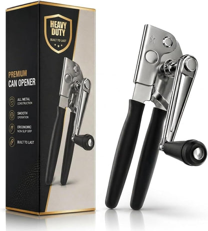 Heavy Duty Commercial Can Opener – Stainless Steel Can Opener for Large & Small Cans, Manual 360° Smooth Crank with Ergonomic Long Handles, Non-Slip Grip, 2-in-1 Bottle Opener for Restaurants & Home