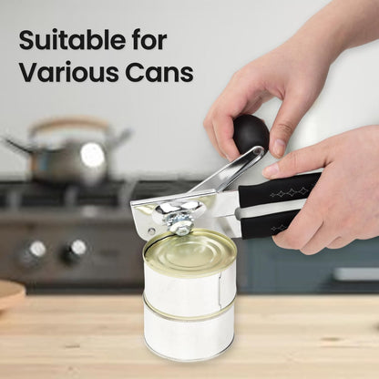 Manual Can Opener with Magnet, Heavy Duty Hand Can and Bottle Opener with Stainless Steel Blade and Rubber Grip, Smooth Cutting Hand Can Openers for Senior, Magnetic Lid Remover Kitchen Tool (Black)