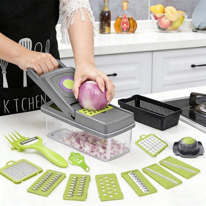 14-in-1 Vegetable Chopper with Container, Onion Chopper Dicer, Multifunctional Food Slicer and Grater with 7 Blades, Safe Mandoline Slicer for Kitchen, Vegetable Cutter for Potato, Tomato, Onion