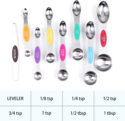 Magnetic Measuring Spoons Set of 8, Stainless Steel Double End Stackable Teaspoon for Cooking and Baking, Tablespoon with Leveler for Measuring Dry and Liquid Ingredients, Multicolor