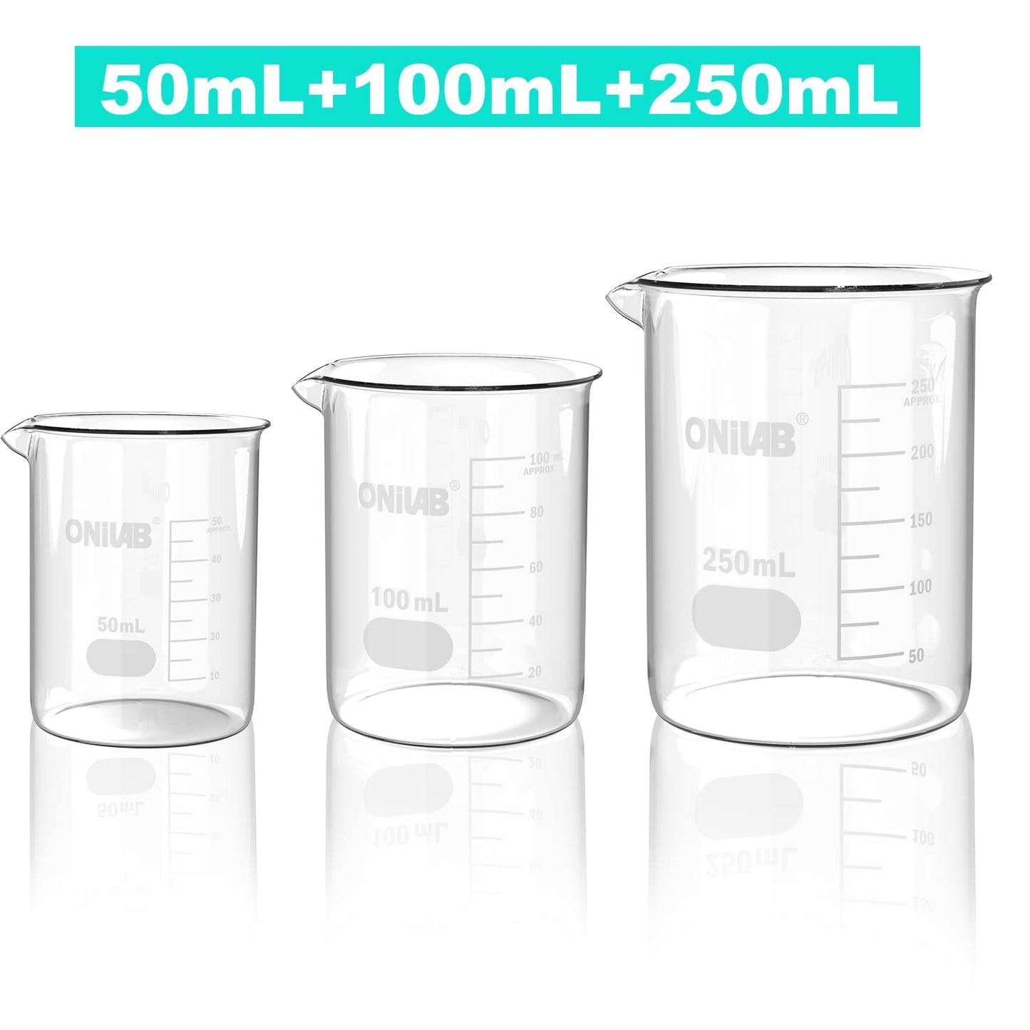 ONiLAB Glass Measuring Beaker Set 50ml 100ml 250ml 500ml 1000ml(Pack of 5) 3.3 Boro Griffin Low Form with Printed Graduation Scientific Glassware for Laboratories, Classrooms or Home Use