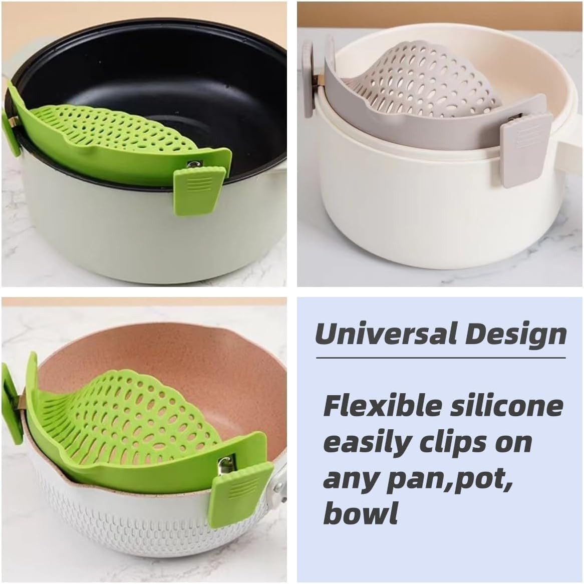 Clip On Strainer Silicone for All Pots and Pans, Pasta Strainer Clip on Food Strainer for Meat Vegetables Fruit Silicone Kitchen Colander (Grey)
