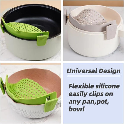 Clip On Strainer Silicone for All Pots and Pans, Pasta Strainer Clip on Food Strainer for Meat Vegetables Fruit Silicone Kitchen Colander (Grey)