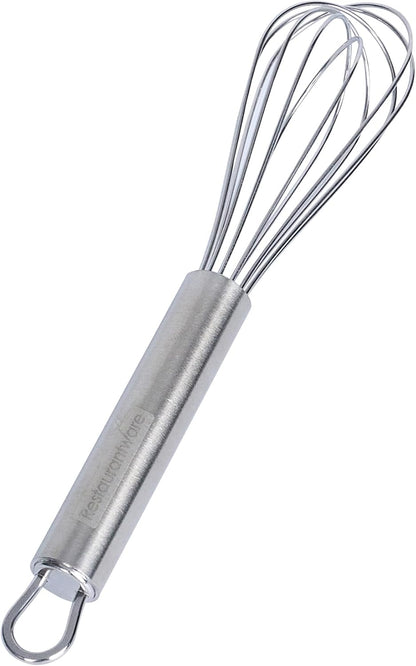 Restaurantware 10.5 in Stainless Steel Ball Whisk - German Standard Egg Beater with Ergonomic Handle, Dishwasher Safe - Manual Mixer Cooking Whisk for Baking, Stirring, Sauces, Beating