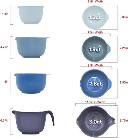 Glad Mixing Bowls with Pour Spout, Set of 4 - Nesting Plastic Bowls (1.2qt, 1.9qt, 2.8qt, and 3qt with Handle) - Non Slip Base, Dishwasher Safe Kitchen Cooking and Baking Supplies, Grey