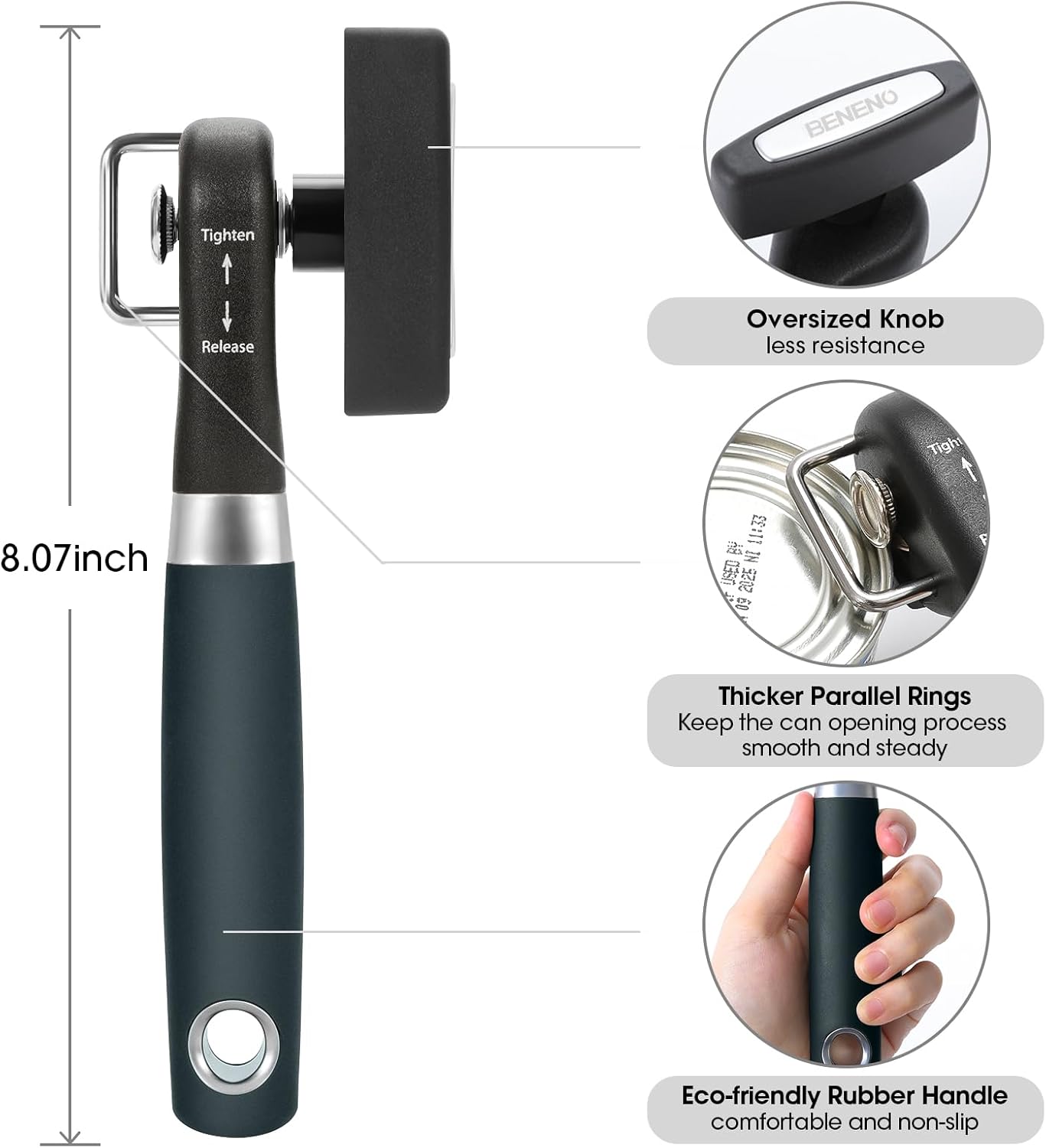 Beneno Can Opener, Manual Side Safe Cut Can Opener Smooth Edge with Durable Sharp Blade, Effort-Saving Knob & Comfortable Non-slip Handle, Brown