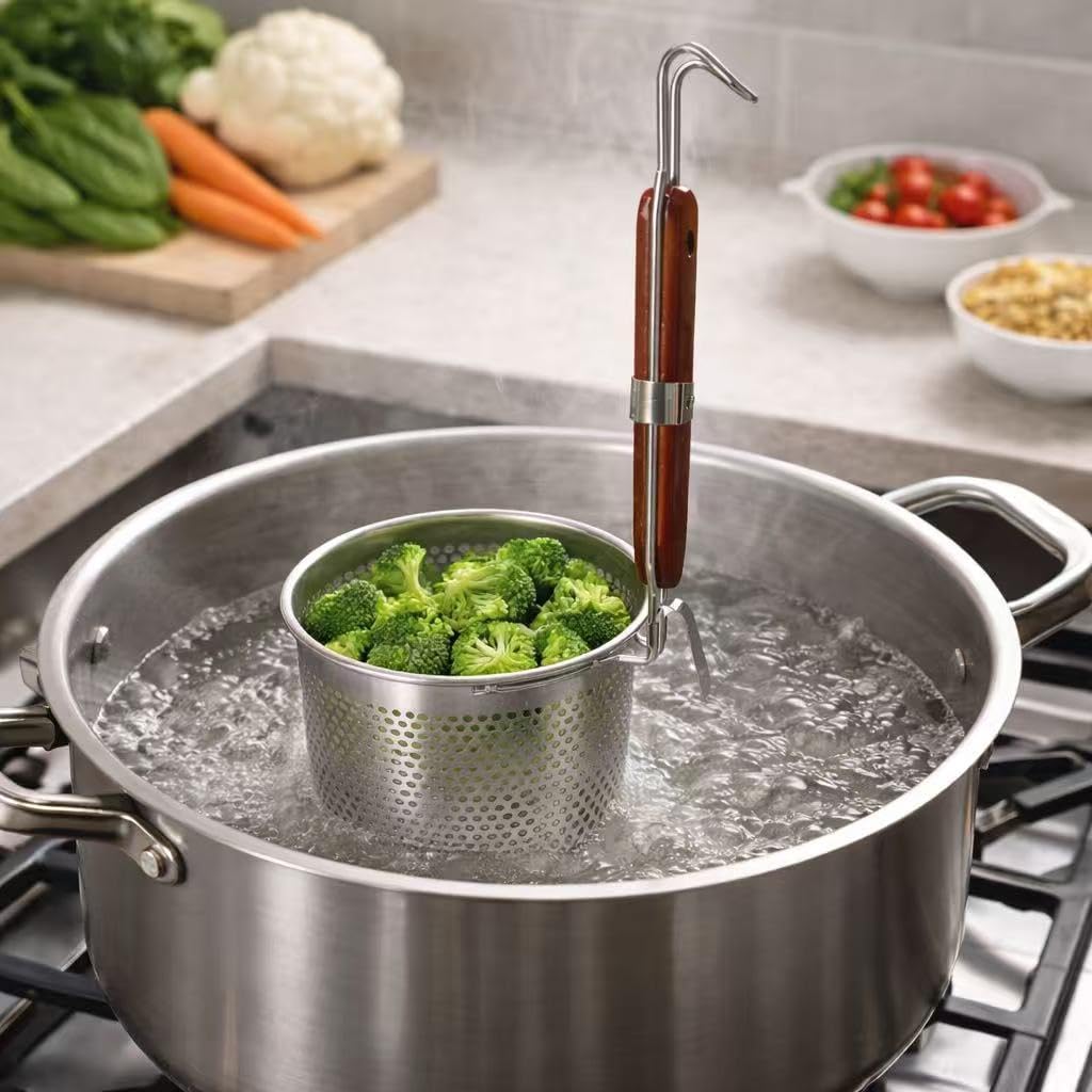Mesh Pasta Basket Food Strainer Insert For Pot, Colander with Round Wooden Handle Stainless Steel Mesh Spider Strainer for Pasta Noodles Dumpling Vegetable