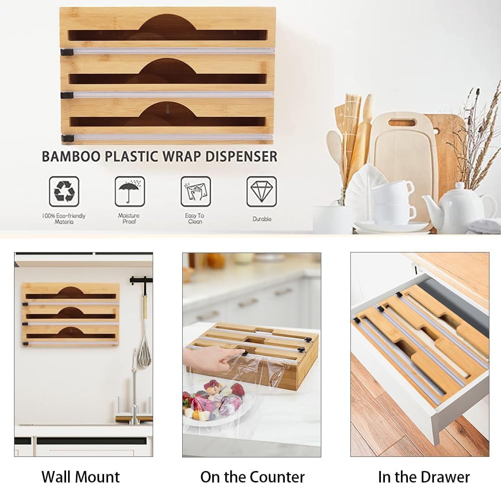 3 in 1 Plastic Wrap Dispenser with Cutter and Labels, Foil and Plastic Wrap Organizer, Aluminum Foil Organization and Storage, Foil Organizer for Drawer, Bamboo Aluminum foil Holder for 12.5"Roll Wrap
