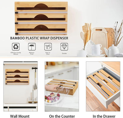 3 in 1 Plastic Wrap Dispenser with Cutter and Labels, Foil and Plastic Wrap Organizer, Aluminum Foil Organization and Storage, Foil Organizer for Drawer, Bamboo Aluminum foil Holder for 12.5"Roll Wrap