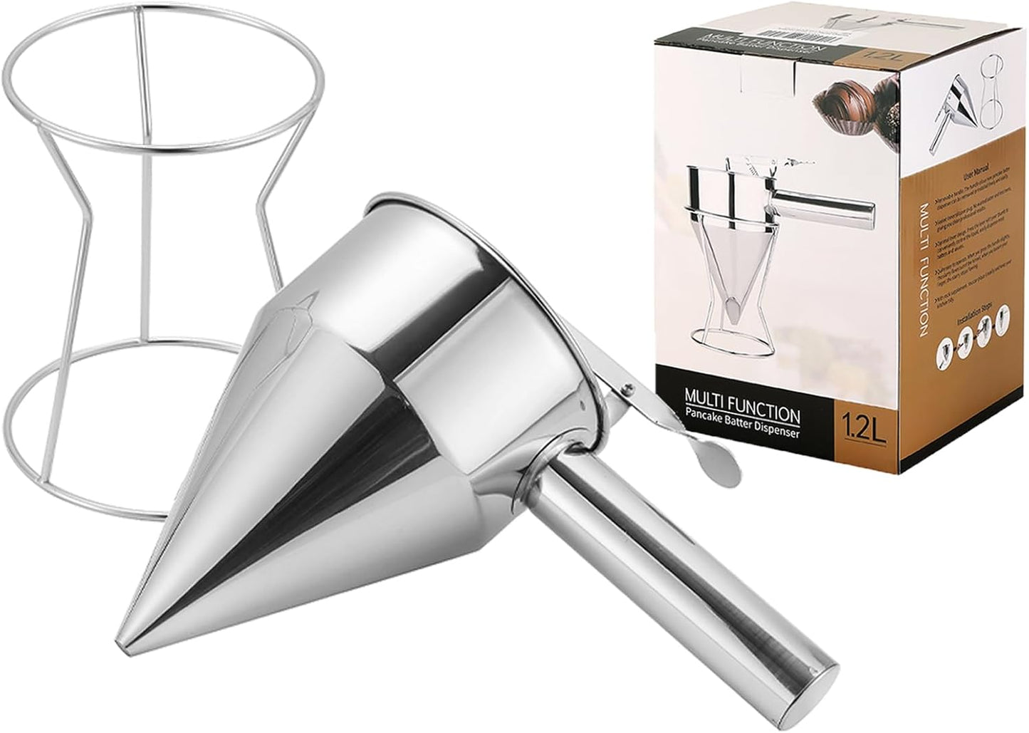 1200ML/40OZ Stainless Steel Pancake Batter Dispenser, Piston Funnel Dispenser with Stand Detachable Handle for Takoyaki Baking Cake Desserts with 4PCS Nozzles