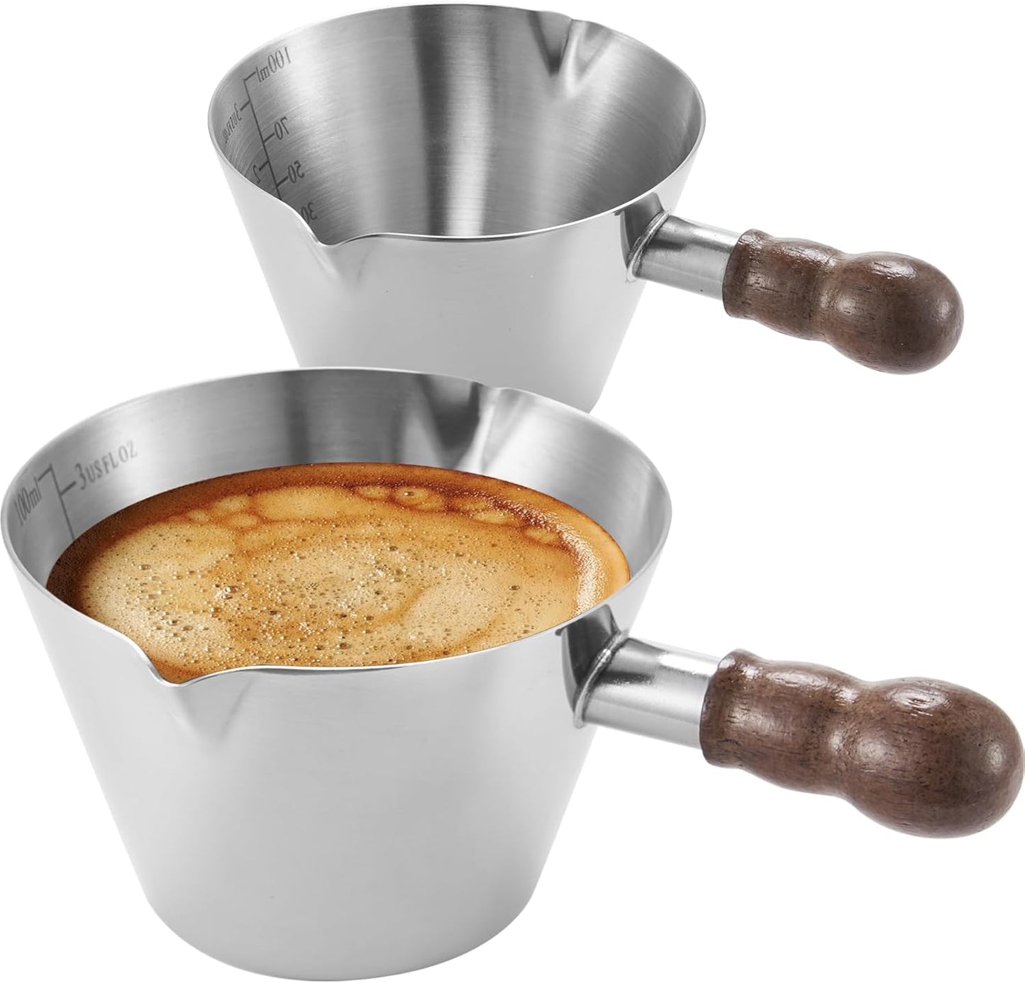 Baalaka Stainless Steel Espresso Cups Set of 2, 3 OZ Double Spout Glass Measuring Cup with Handle, Milk Frothing Pitcher with Spout & Scale, Espresso Accessories for Coffee, Latte Art and Kitchen Use