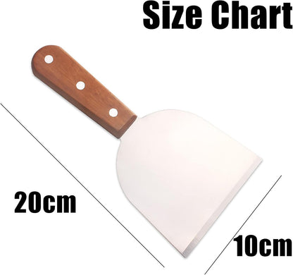 ZINC WEALD Grill Scraper for Griddle- 2pcs Stainless Steel Slant Grill Spatula Scraper Diner Flat Straight Blade with Riveted Wooden Handle for Teppanyaki, BBQ, Dough Pancake and Pizza