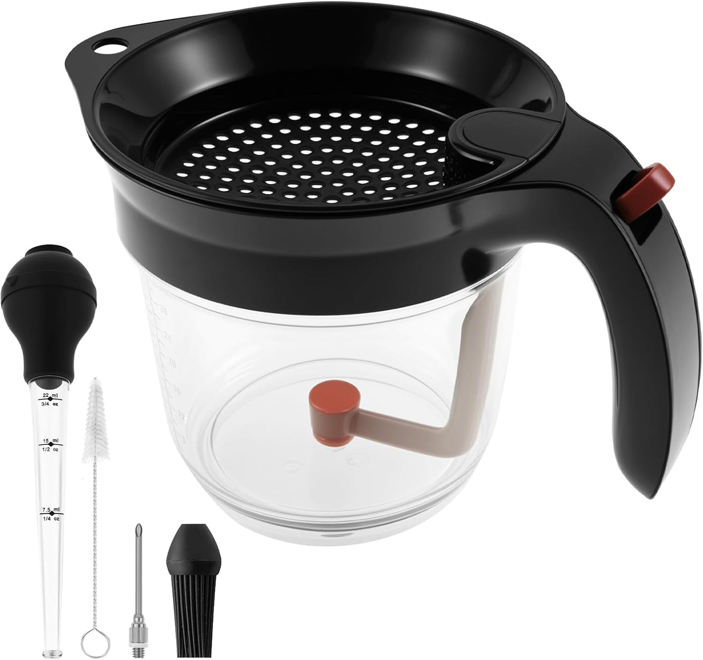 Fat Separator with Bottom Release, 33 Oz Gravy Separator for Cooking with Oil Strainer, Kitchen Gadgets Grease Separator with Stainless Steel Barbecue Syringe