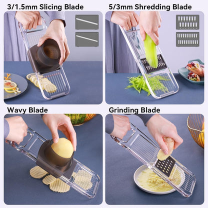 Multi-function 6 in 1 Mandoline Safe Vegetable Fruit Manual Slicer/Shredder Chopper Interchangeable Handheld Shining Transparent Exquisite Thickened Plastic Board Kitchen Prep Tool for Onion Garlic