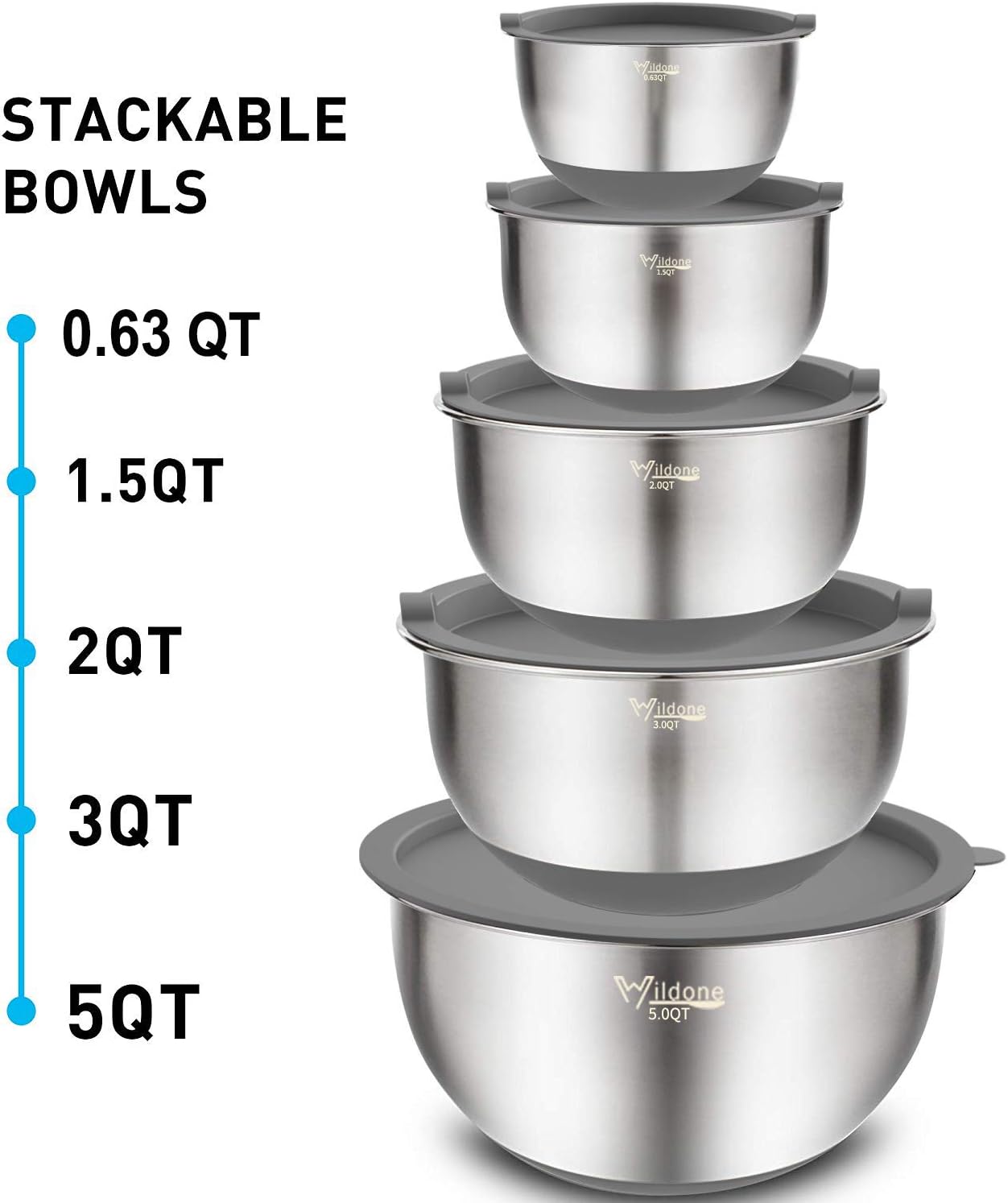 Wildone Mixing Bowls with Airtight Lids Set, 5PCS Stainless Steel Khaki Nesting Bowls for Kitchen, with Grater Attachments & Non-Slip Bottoms, Size 5, 3, 2, 1.5, 0.63 QT, Great for Mixing & Serving