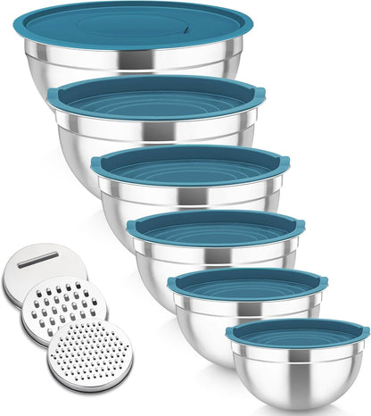 TeamFar Mixing Bowls, 6PCS Stainless Steel Nesting Mixing Salad Bowl with Lids & 3 Grater Attachments, for Food Cooking Baking Storing, Healthy, Khaki - 4.6/2.6/2 / 1.5/1 / 0.7 QT