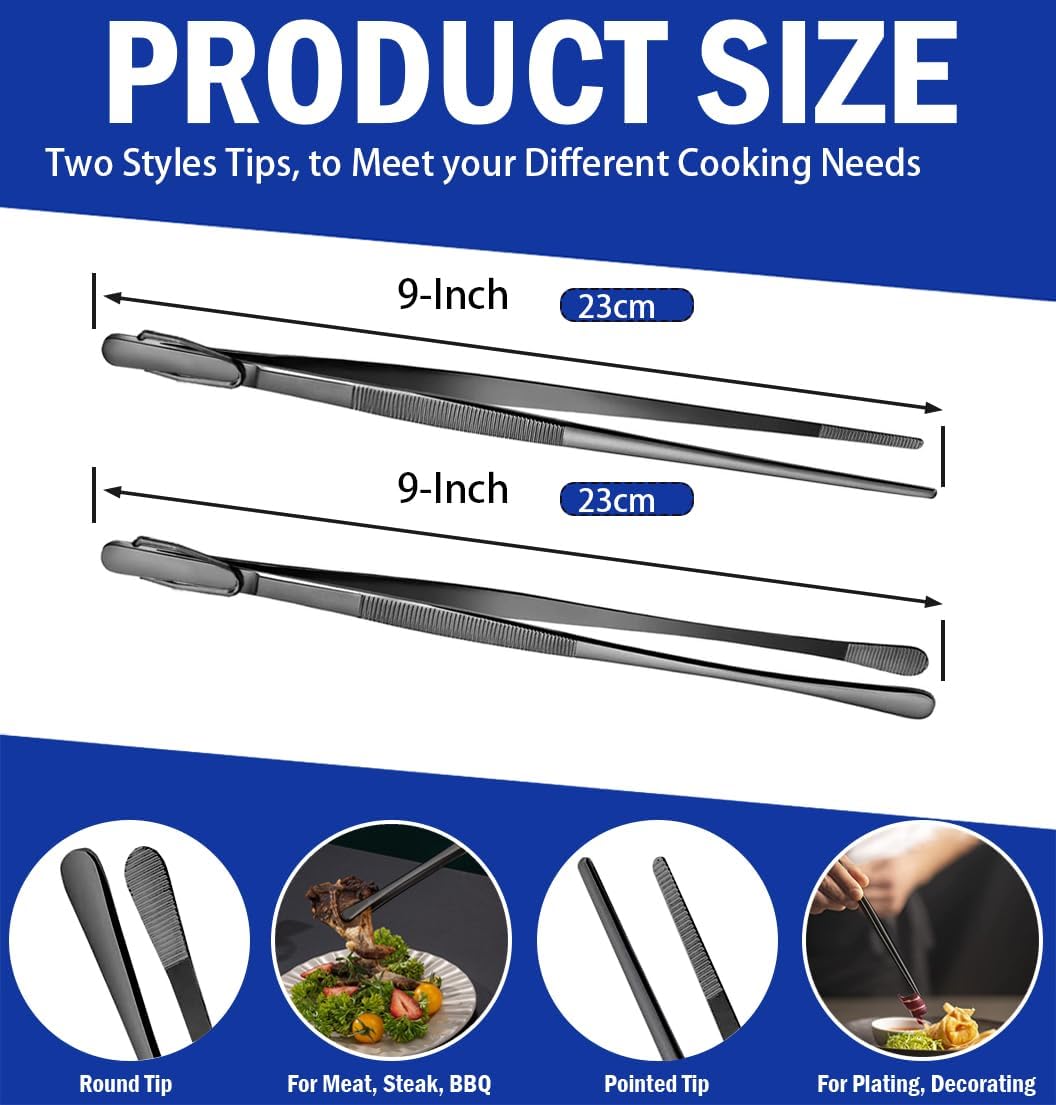 JETKONG 2 Pcs 12-Inch Kitchen Tweezers Fine Tweezer Tongs, Extra-Long Stainless Steel Cooking Tweezers (Silver)