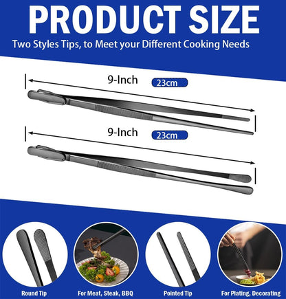 JETKONG 2 Pcs 12-Inch Kitchen Tweezers Fine Tweezer Tongs, Extra-Long Stainless Steel Cooking Tweezers (Silver)