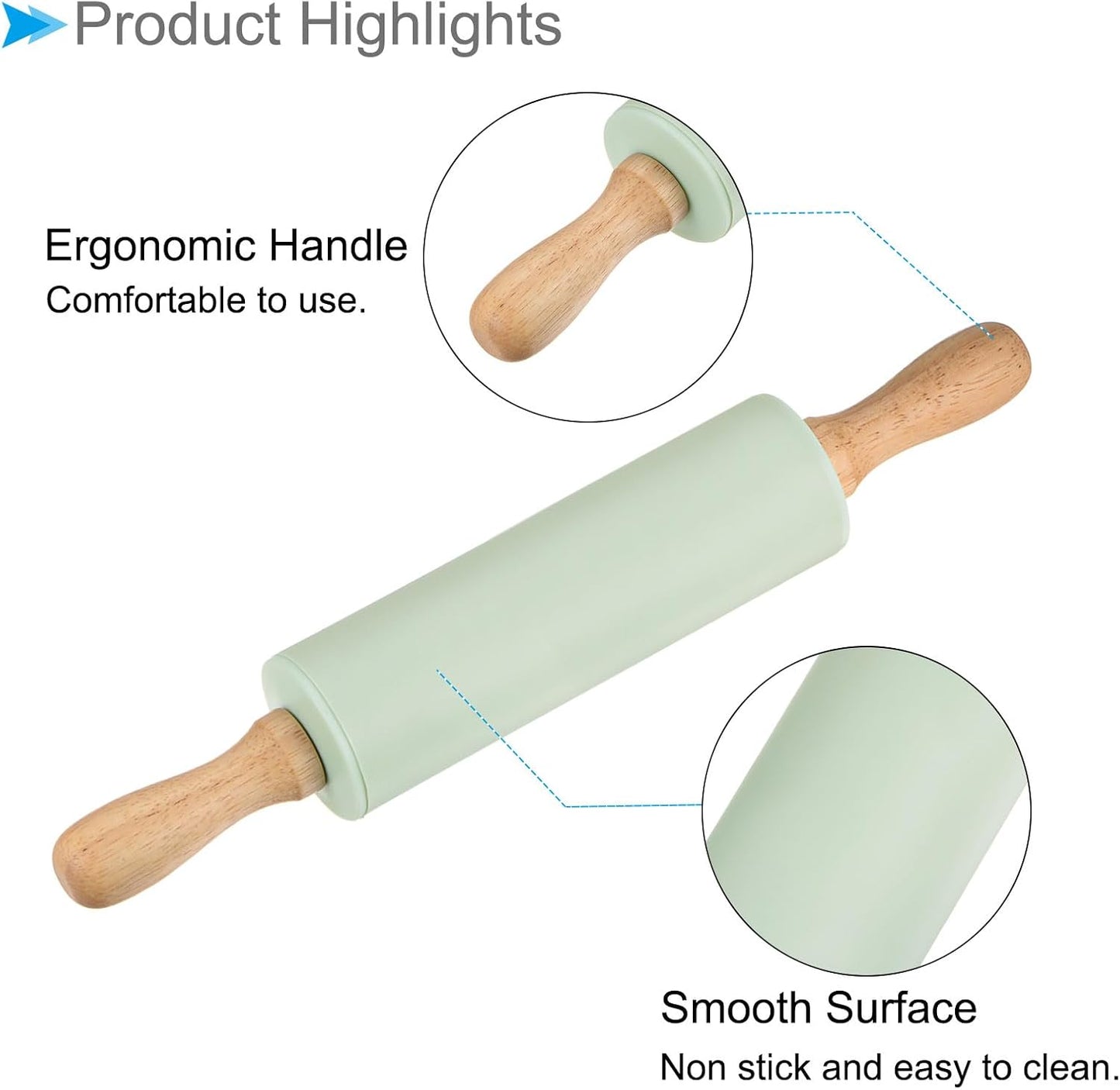 Silicone Rolling Pins, 17" Length, Silicone & Oak Non-Stick Ergonomic Wooden Handle Fondant Dough Roller Pink - (Applications: for Baking DIY Projects)