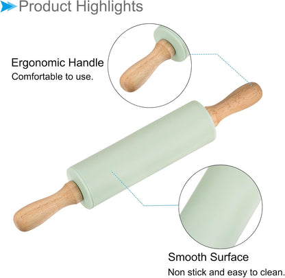 Silicone Rolling Pins, 17" Length, Silicone & Oak Non-Stick Ergonomic Wooden Handle Fondant Dough Roller Pink - (Applications: for Baking DIY Projects)