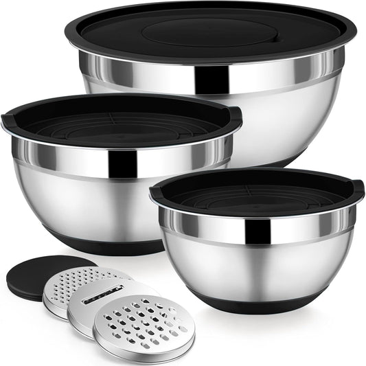 P&P CHEF Mixing Bowl with Lids Set of 3, Stainless Steel Nesting Salad Bowls for Serving Preparing, 3 Grater Attachments & Non-Slip Bottoms, Size 1.5/2.6/4.6 QT, Khaki