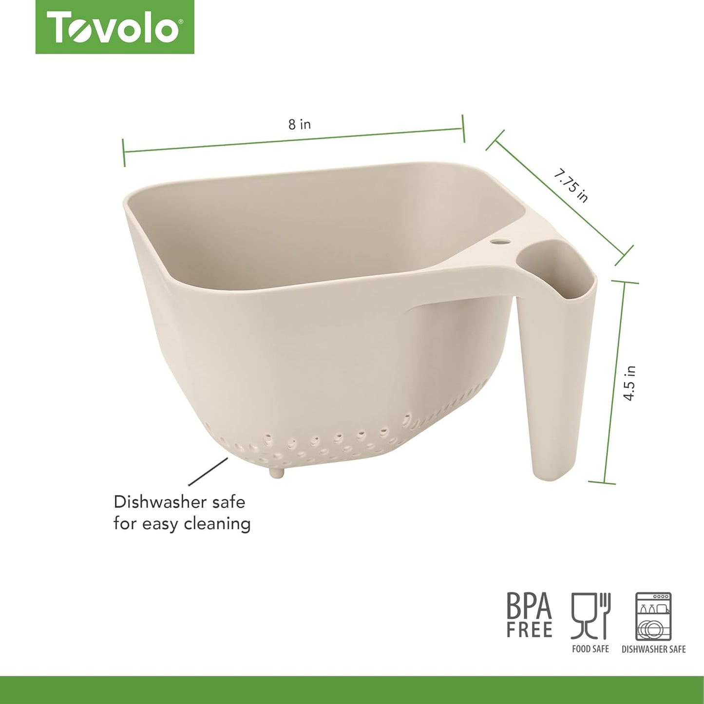 Tovolo Elements Square Colander with Handle Strainer Basket for Pasta Fruit Berries Veggies, Easy to Clean BPA Free Heat Resistant Plastic Colander with Spout 3 Quart Kitchen Strainer, Charcoal Gray
