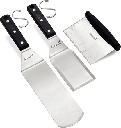 Anmarko Professional Griddle Spatula Set - Stainless Steel Metal Spatula and Griddle Scraper - Heavy Duty Commercial Grade
